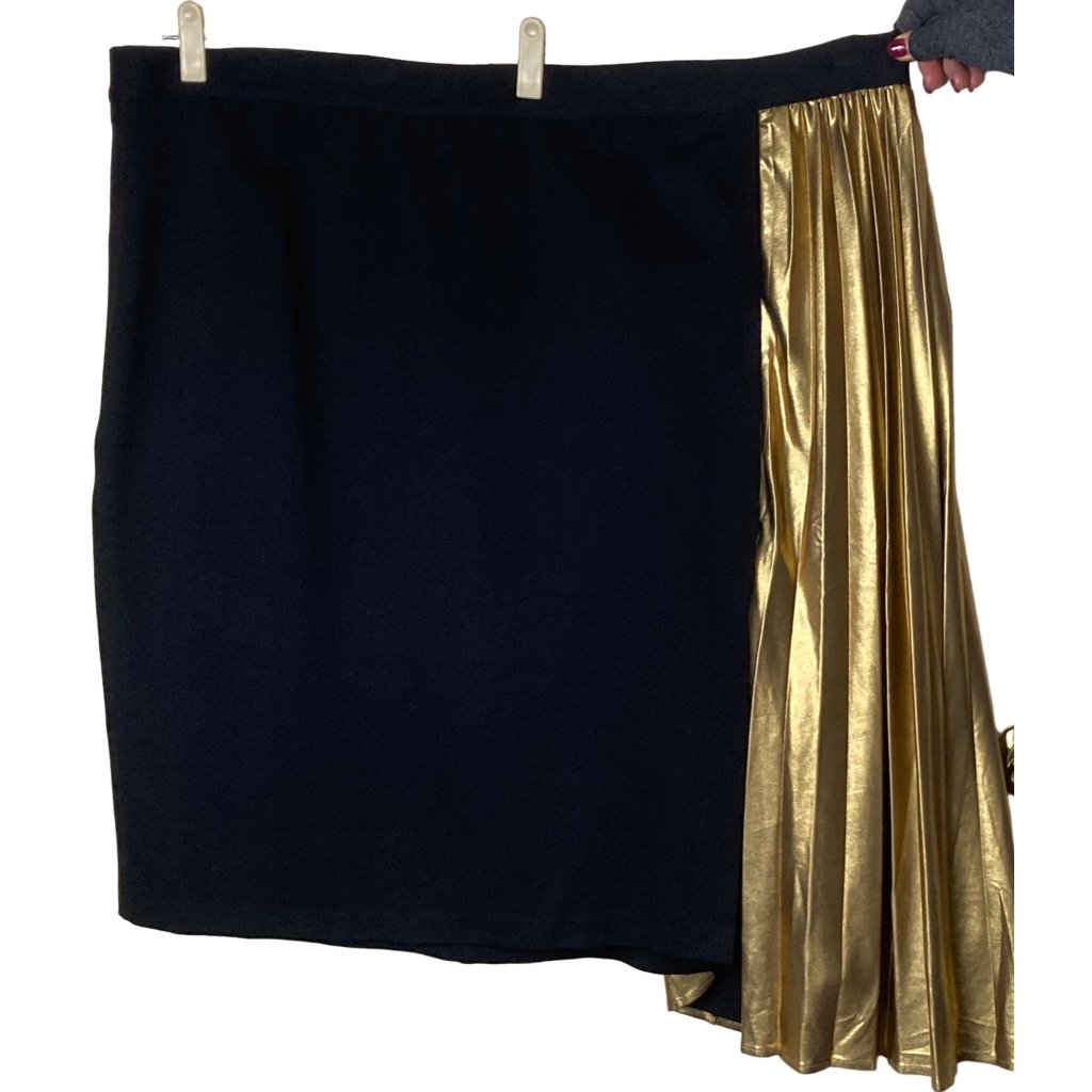 Nwt Eloquii Women Size 28 Holiday Black Pencil Skirt Gold Pleated Side Panel